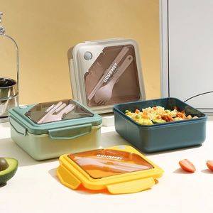 Japanese style 2-compartment lunch box with utensils in four assorted colors