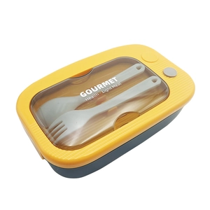 Two-tone plastic Japanese lunch box with built-in cutlery compartment and utensils