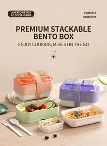 Detail of stacked double-layer lunch boxes with utensils and elastic sealing straps