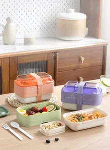 Detail of stacked double-layer lunch boxes with utensils and elastic sealing straps