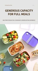 Detail of multi-compartment lunch box in Morandi colors with secure elastic strap
