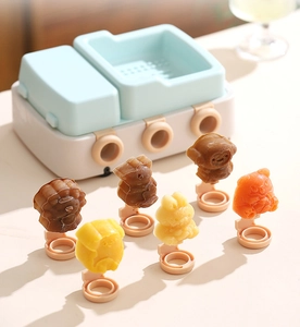 Detail of 6-cavity animal silicone ice pop mold showing lion and rabbit shapes