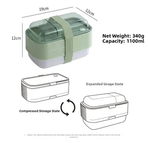 Detail of 1100ml mint green collapsible double-layer lunch box with size specifications