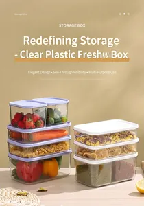 Stackable PET storage containers showing fresh strawberries and vegetables in a kitchen setting