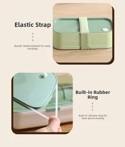 Detail view of double-layer green bento box featuring elastic strap and silicone seal ring