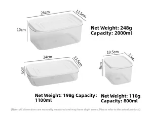 Detailed size chart for 2000ml, 1100ml, and 800ml clear PET food storage containers