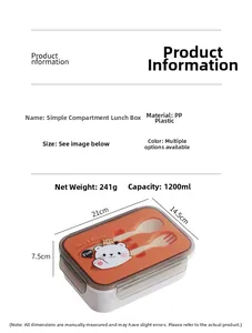 Dimensioni dettagliate della scatola bento da 1200 ml con divisori e 21x14,5x7,5 cm