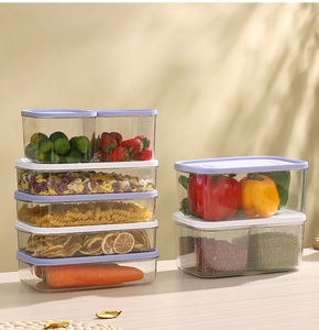 Stackable transparent PET food storage containers with lavender lids for fridge organization