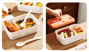 Detalle de la tapa de bento con compartimento para cubiertos y tenedor-cuchara incluido