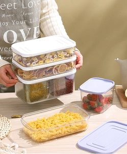 Close-up of stackable transparent PET food storage containers with colorful airtight lids
