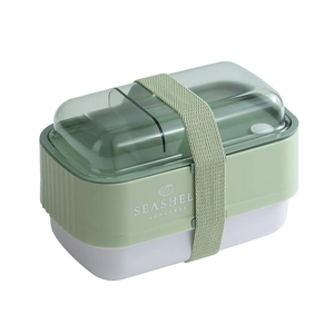 Collapsible double-layer lunch box in mint green and white with elastic strap