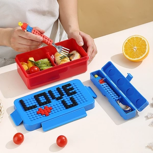 DIY Bouwsteen Lunchbox Set met Stapelbaar Deksel en Bestek in LEGO-stijl