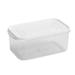 Transparent PET food storage container with white lid shown from a 45-degree angle