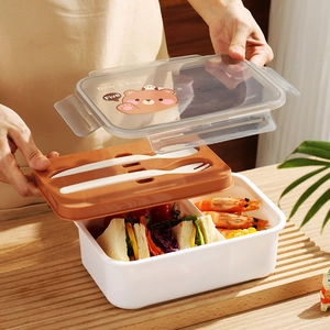 Fiambrera bento portátil con tapa de oso, set de cubiertos y compartimentos de comida