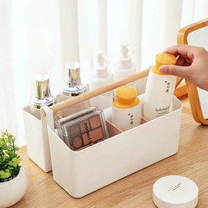 Japanese style white desktop organizer with wooden handle for cosmetics and stationery