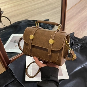 Vintage brown PU leather crossbody square bag with gold buckles and top handle