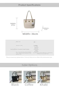 Infographic showing PU tote bag dimensions 36x27x11cm and available color options