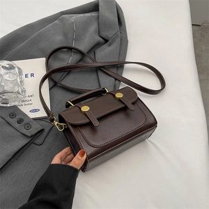 Elegant dark brown retro crossbody bag with golden buckles on a white background
