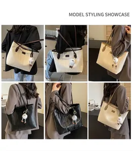 Collage of tote bags showing wood-grain texture and cute sheep charm in cafe setting