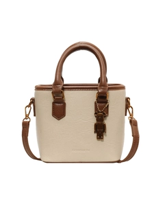 Borsa Boston retrò in pelle crema e marrone con ciondolo a orso e tracolla rimovibile