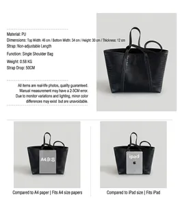 Size chart and capacity view of black crocodile pattern tote bag for A4 and iPad
