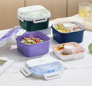 Multi-compartment bento box lid detail with secure locks and built-in cutlery storage