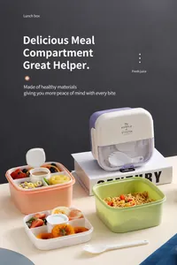 Detail view of the multi-layer lunch box with internal dividers, sauce cup and utensils