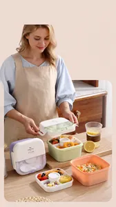 Close-up of stylish double-layer bento box with macaron colors and built-in fork