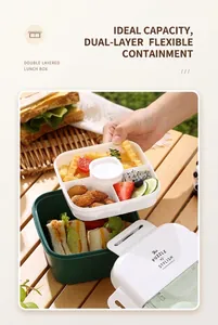 Détail d'une boîte bento à double couche avec 4 compartiments et pot à sauce inclus