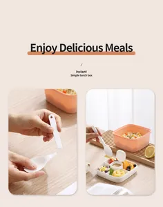 Detail of multi-compartment lunch box with detachable spoon and fork on wooden surface
