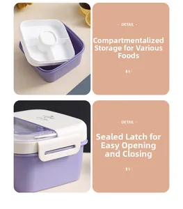 Detail view of purple bento box with 4 compartments and secure sealing buckles