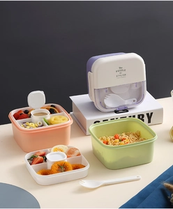 Detailed view of the multi-compartment lunch box with portable fork and spoon set