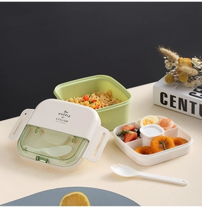 Detail view of the multi-layer lunch box with divided compartments and utensil storage