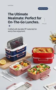 Double-layer stainless steel lunch box with side buckles and built-in phone holder