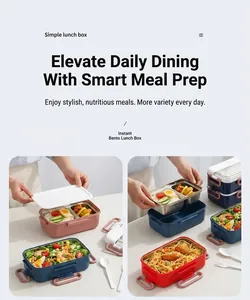 Close-up of double-layer stainless steel lunch box with metal dividers and cutlery
