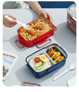 Detailed view of dual-layer stainless steel lunch box with foldable handles and cutlery