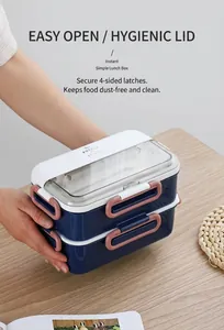 Double-layer stainless steel lunch box with cutlery compartment and sealing side buckles