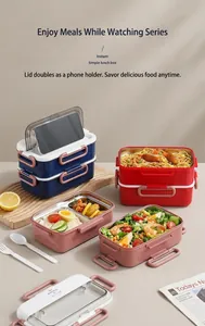 Double-layer stainless steel lunch box with built-in phone holder and cutlery set