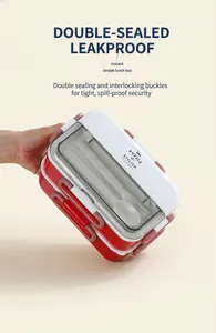 Detail of red double-layer lunch box lid with built-in spoon, fork and secure side locks