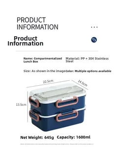 Size chart for 1600ml double-layer 304 stainless steel lunch box showing dimensions