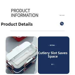 Detail of double-layer lunch box with built-in cutlery compartment and utensils