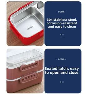 Detail of 304 stainless steel inner compartments and secure sealing lid of lunch box