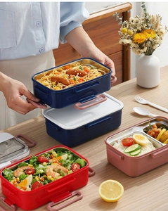 Detail of double-layer stainless steel lunch box with side handles and secure sealing lid