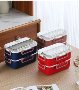 Detail view of double-layer bento lunch box showing three colors and cutlery storage