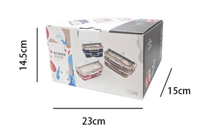 Detail view of double-layer stainless steel lunch box packaging with specific dimensions
