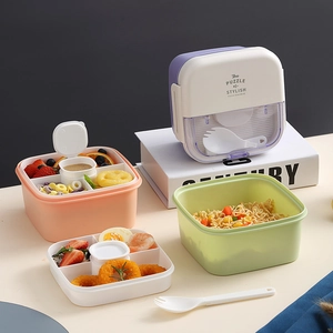Portable Double Layer Bento Box With Compartments Sauce Box And Utensils Microwave Safe Plastic Lunch Box For Students Office