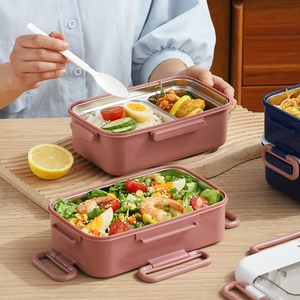 Double-layer 304 stainless steel lunch box with divided sections and matching spoon
