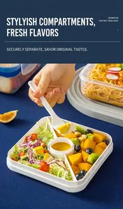 Divided lunch box with dipping sauce compartment and spoon for salad and pasta