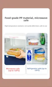 Food-grade PP lunch box shown heating in microwave and stored in refrigerator