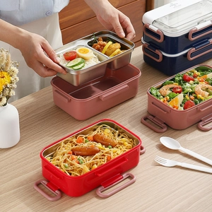 Double-layer 304 stainless steel lunch box with leak-proof buckles and compartments